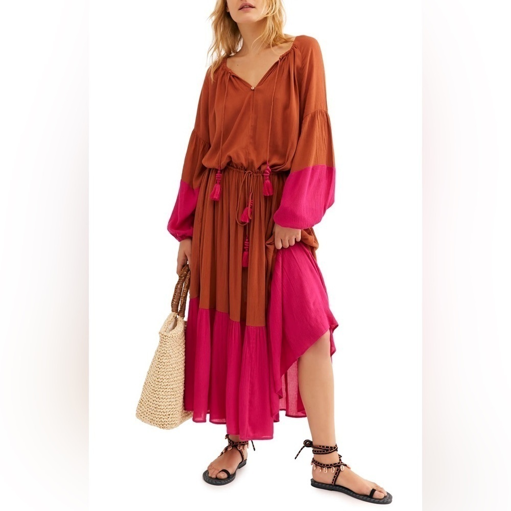Free People Never Forget Long Sleeve Maxi Dress‎ Pink Orange XS Boho Lagenlook